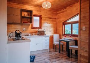 a kitchen with a sink and a table in a room at Pousada Vila Felicita in São Valentim