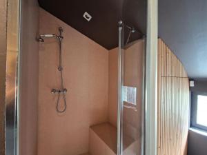 LandeleauにあるEstate in Landeleau near Aulne Riverのバスルーム(ガラス張りのシャワーブース付)