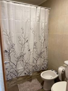 een badkamer met een douchegordijn en een toilet bij Departamento Irigoyen in Trelew