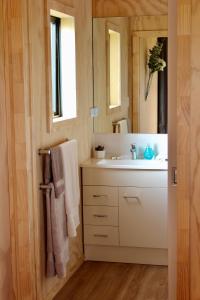 a bathroom with a sink and a mirror at Luxury Container Cabin in Masterton