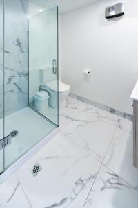 a bathroom with a glass shower and a toilet at Vibrant Central Christchurch Pad 2 bed 1 bath in Christchurch