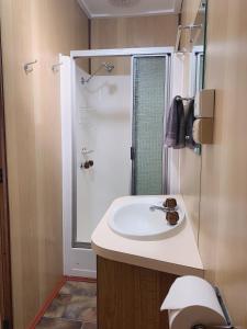y baño con lavabo y ducha. en Colac Otway Caravan & Cabin Park en Colac