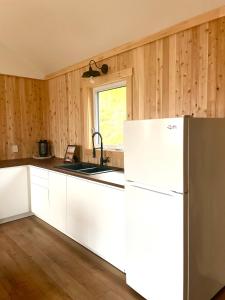 a kitchen with a refrigerator and a sink at Le Martin Pecheur 2 à 4 personnes in Nouvelle +13 photos