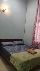 a bedroom with a bed with a green comforter at Rosspine Homestay in Jitra
