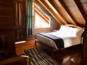 a bed in a wooden room with a window at Hostal Zafiro Mindo in Mindo