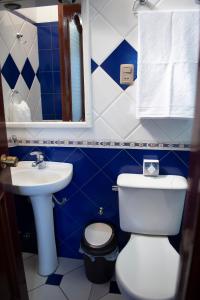 Hotel Diamante Azul في لاباز: حمام ازرق وابيض مع مرحاض ومغسلة