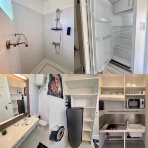 a bathroom with two sinks and a shower at Ti Coco Location - Manganao Saint-François avec Citerne Tampon Automatique in Saint-François