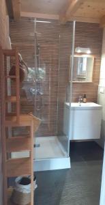a shower in a bathroom with a sink and a tub at Ciche Wydmy in Sasino