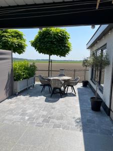 eine Terrasse mit einem Tisch, Stühlen und einem Baum in der Unterkunft Tiny House in Westdorpe