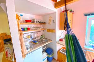 a small kitchen with a sink and a refrigerator at KULTURGUTLEBEN Boutiquehotel Seminarhaus in Möllenbeck