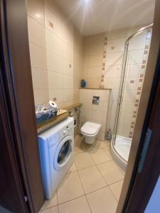 een badkamer met een wasmachine en een toilet bij Apartament Diego in Polanica-Zdrój