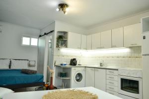 a kitchen with a washing machine in a room at Holistic Stay in Avia