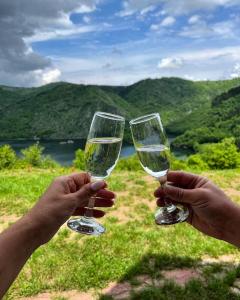 2 personnes tenant des verres de vin blanc dans l'établissement Brvnare Puljci, à Nova Varoš
