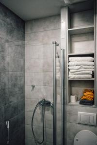 a shower in a bathroom with a glass shower stall at The Impressive Apartment in Trebinje