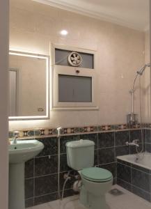 La salle de bains est pourvue de toilettes, d'un lavabo et d'un miroir. dans l'établissement Cairo, Pyramids and Nile River View Luxury Apartment, Maadi Corniche, au Caire