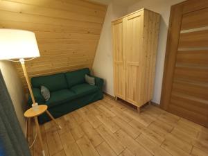 a living room with a green couch and a lamp at Domek Szarotka in Zakopane
