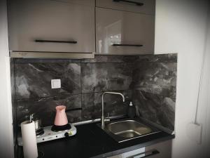 a kitchen with a sink and a pink vase on a counter at Centrally Apartment - Xanthi in Xanthi