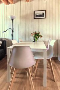 サルビノボにあるBajkowe domkiの白いテーブル(椅子2脚、ランプ付)
