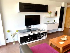 a living room with a flat screen tv on a wall at APARTBEACH EUROPEOS JUNTO PLAYA CLIMATIZADO CON GRAN TERRAZA y MUY LUMINOSO in La Pineda