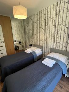 two beds in a room with trees on the wall at Sosnowe Apartamenty - Marina. in Augustów