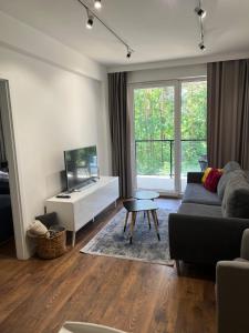 a living room with a couch and a tv at Sosnowe Apartamenty - Marina. in Augustów