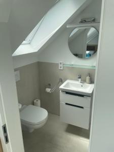 La salle de bains est pourvue de toilettes, d'un lavabo et d'un miroir. dans l'établissement Haus Antina, à Borkum