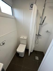 a small bathroom with a toilet and a shower at Cozzzy Seaside Retreat in Mablethorpe