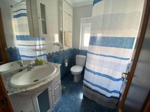 baño azul y blanco con lavabo y aseo en La Casa Verde, 