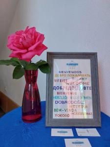 a red vase with a pink rose next to a picture at PS Apartments - Peshtani in Peštani