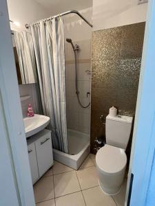 La salle de bains est pourvue d'une douche, de toilettes et d'un lavabo. dans l'établissement Appartement "Weitblick", à Heiligenhafen