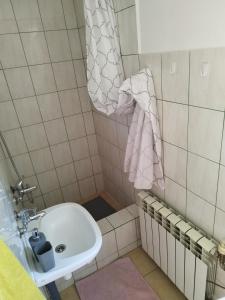 a small bathroom with a sink and a toilet at Zakątek Pod Lasem in Wydminy