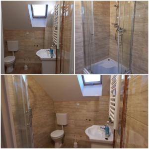 a bathroom with a shower and a toilet and a sink at Kötél utcai vendégház in Balatonkeresztúr +17 photos