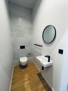 a bathroom with a toilet and a sink and a mirror at Brand new terraced house. in Mažeikiai