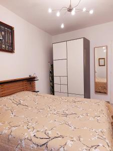 een slaapkamer met een bed, een dressoir en een spiegel bij Gite VIANY 1 in La Tour-dʼAigues