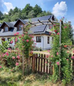 a fence in front of a house with pink roses at Cichosza - The Sound Of Silence in Białowieża