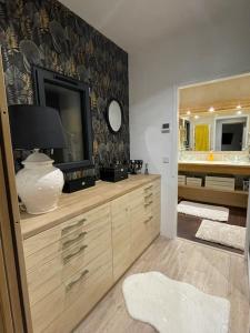 een badkamer met een televisie op een dressoir met een spiegel bij Grande villa Calme & Piscine Rochelle / île de Ré in Dompierre-sur-Mer
