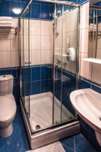 uma casa de banho com um chuveiro, um WC e um lavatório. em Hotel Cezar Banja Luka em Banja Luka
