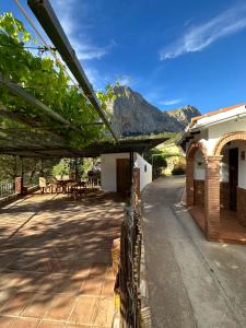 un patio con una montagna sullo sfondo di Casa Barcelo El Chorro a El Chorro