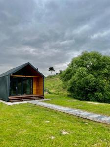 a small building sitting on top of a lush green field at Mini Valley House 1 in Sita Buzăului