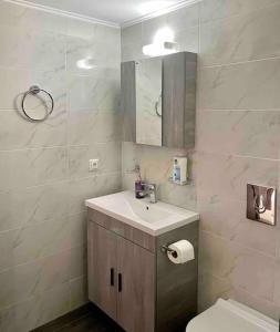 a bathroom with a sink and a toilet and a mirror at Korina's Apartment in Daratso