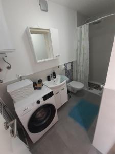 ein Badezimmer mit einer Waschmaschine und einem Waschbecken in der Unterkunft Apartman Sunset in Plomin