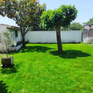 a green yard with two trees and a white wall at Le Cocon des SPRESS in Cers