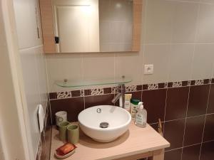 a bathroom with a white sink and a mirror at La maison des roses in Chadrac