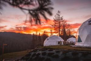 a group of tents with a sunset in the background at Tatra Glamp Bukowina Tatrzańska - Bukowina Glamping, in Bukowina Tatrzańska