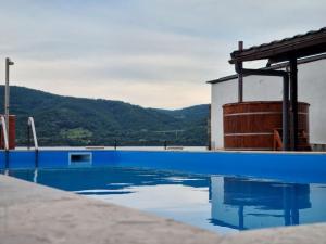 a blue swimming pool with mountains in the background at Casa Alle in Eşelniţa