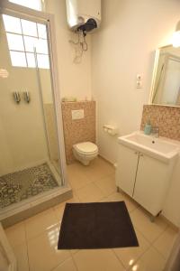 a bathroom with a shower and a toilet and a sink at Flora's House - Stylish, central one bedroom in Budapest