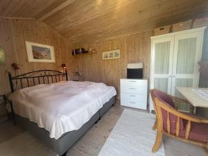 1 dormitorio con cama, mesa y escritorio en Perla - cabin by the sea close to sandy beaches, en Sandefjord