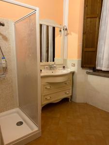 a bathroom with a sink and a shower in it at A Casa di Marzia in Rapolano Terme