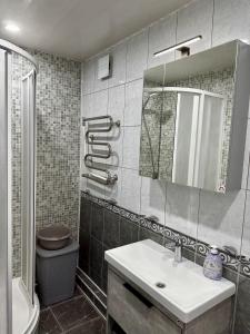 La salle de bains est pourvue d'un lavabo, de toilettes et d'un miroir. dans l'établissement Central, à Panevėžys