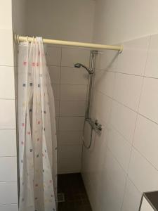 y baño con ducha con cortina blanca. en Kleines zentrales Apartment in Goch - Netflix en Goch